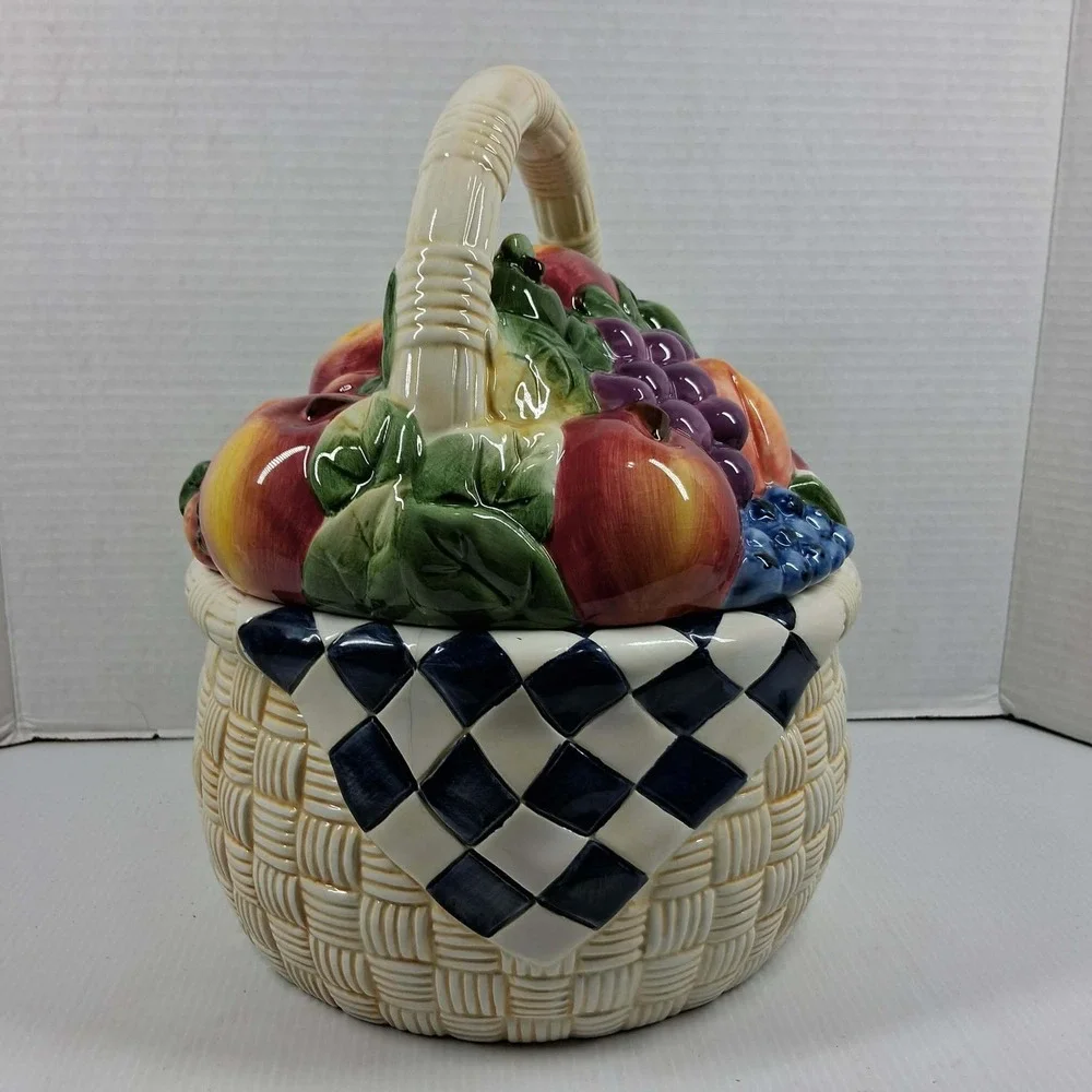 Vtg Certified International Susan Winget Fruit Picnic Basket Ceramic Cookie Jar